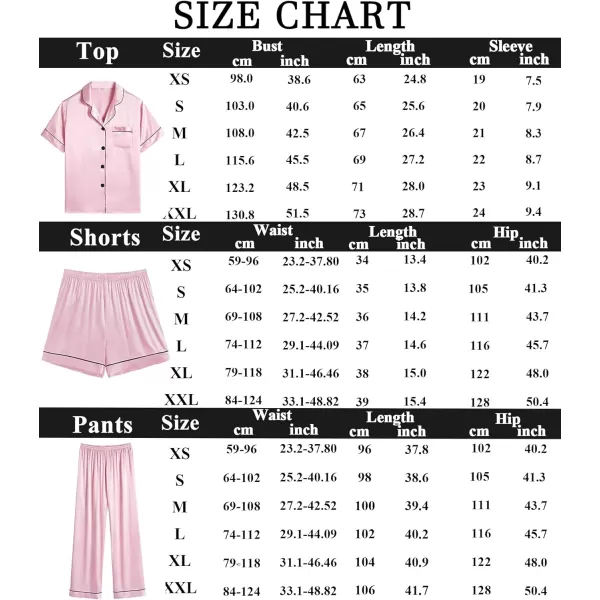 SWOMOG Womens 3pcs Pajamas Set Silk Satin Short Sleeve Sleepwear Button Down Loungewear Pjs NightwearPink