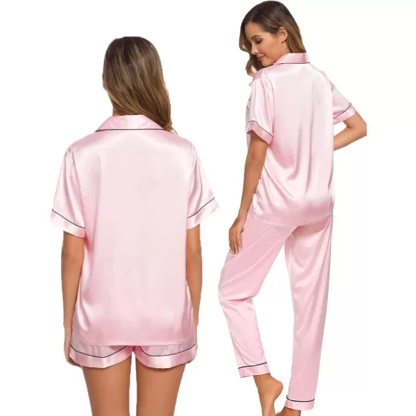 SWOMOG Womens 3pcs Pajamas Set Silk Satin Short Sleeve Sleepwear Button Down Loungewear Pjs NightwearPink