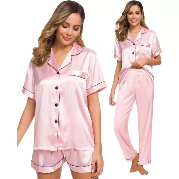 SWOMOG Womens 3pcs Pajamas Set Silk Satin Short Sleeve Sleepwear Button Down Loungewear Pjs NightwearPink