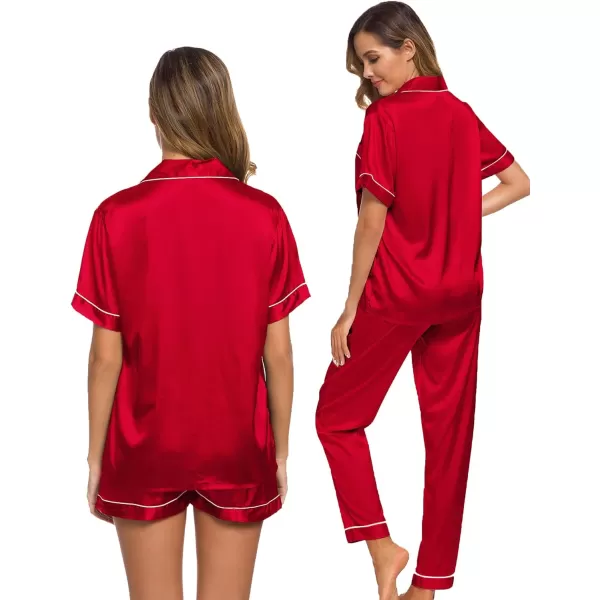 SWOMOG Womens 3pcs Pajamas Set Silk Satin Short Sleeve Sleepwear Button Down Loungewear Pjs NightwearRed