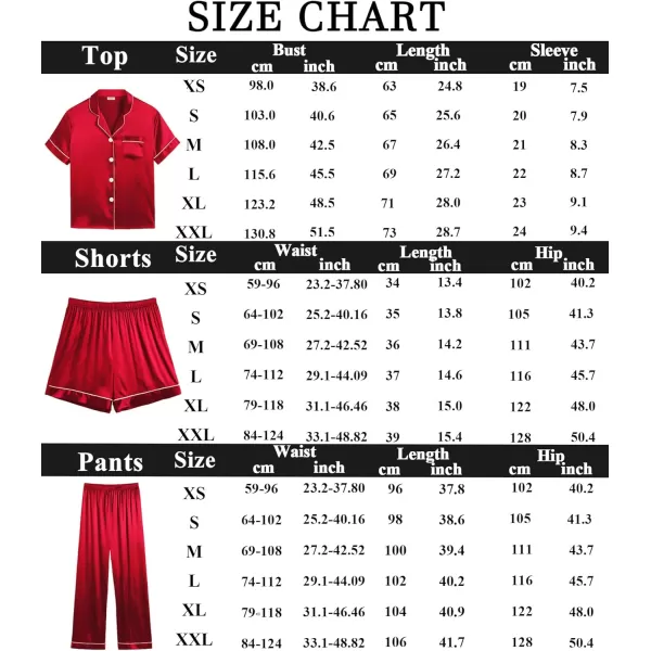 SWOMOG Womens 3pcs Pajamas Set Silk Satin Short Sleeve Sleepwear Button Down Loungewear Pjs NightwearRed