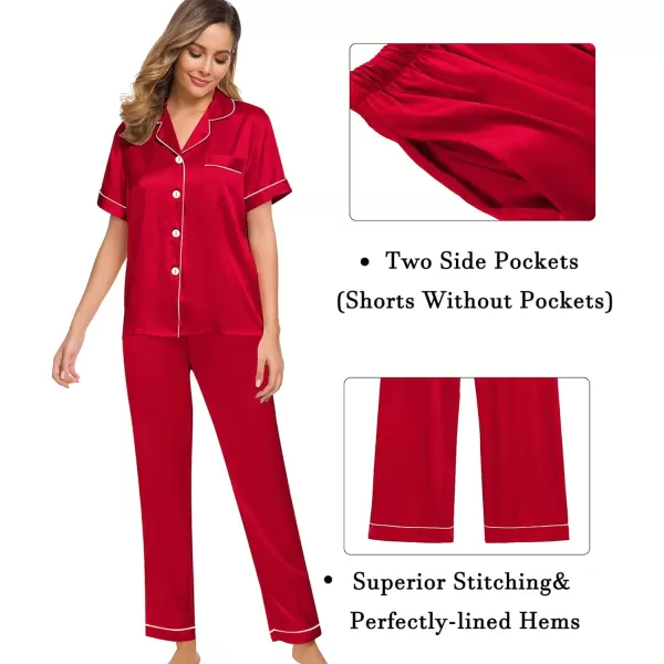 SWOMOG Womens 3pcs Pajamas Set Silk Satin Short Sleeve Sleepwear Button Down Loungewear Pjs NightwearRed