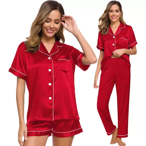 SWOMOG Womens 3pcs Pajamas Set Silk Satin Short Sleeve Sleepwear Button Down Loungewear Pjs NightwearRed