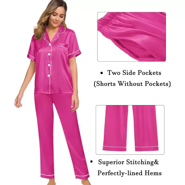 SWOMOG Womens 3pcs Pajamas Set Silk Satin Short Sleeve Sleepwear Button Down Loungewear Pjs NightwearRose Red