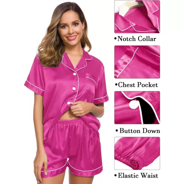 SWOMOG Womens 3pcs Pajamas Set Silk Satin Short Sleeve Sleepwear Button Down Loungewear Pjs NightwearRose Red