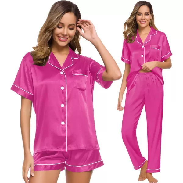 SWOMOG Womens 3pcs Pajamas Set Silk Satin Short Sleeve Sleepwear Button Down Loungewear Pjs NightwearRose Red