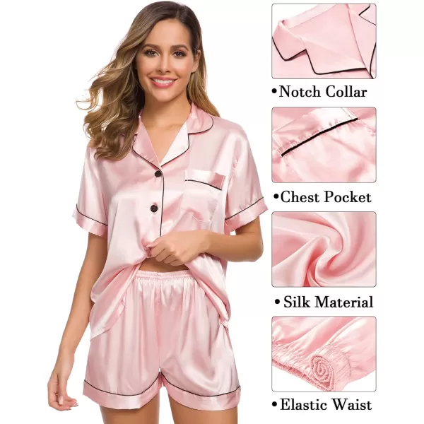 SWOMOG Womens 3pcs Pajamas Set Silk Satin Short Sleeve Sleepwear Button Down Loungewear Pjs NightwearSakura Pink