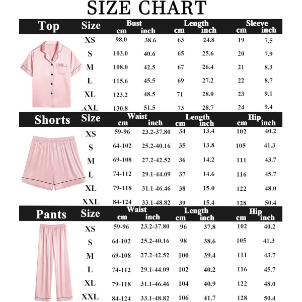 SWOMOG Womens 3pcs Pajamas Set Silk Satin Short Sleeve Sleepwear Button Down Loungewear Pjs NightwearSakura Pink