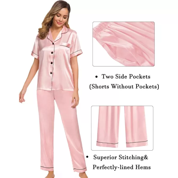 SWOMOG Womens 3pcs Pajamas Set Silk Satin Short Sleeve Sleepwear Button Down Loungewear Pjs NightwearSakura Pink