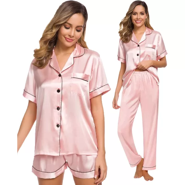 SWOMOG Womens 3pcs Pajamas Set Silk Satin Short Sleeve Sleepwear Button Down Loungewear Pjs NightwearSakura Pink