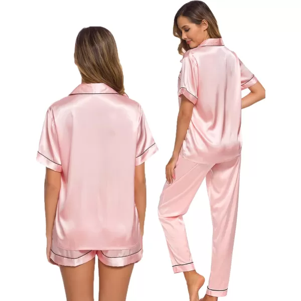 SWOMOG Womens 3pcs Pajamas Set Silk Satin Short Sleeve Sleepwear Button Down Loungewear Pjs NightwearSakura Pink