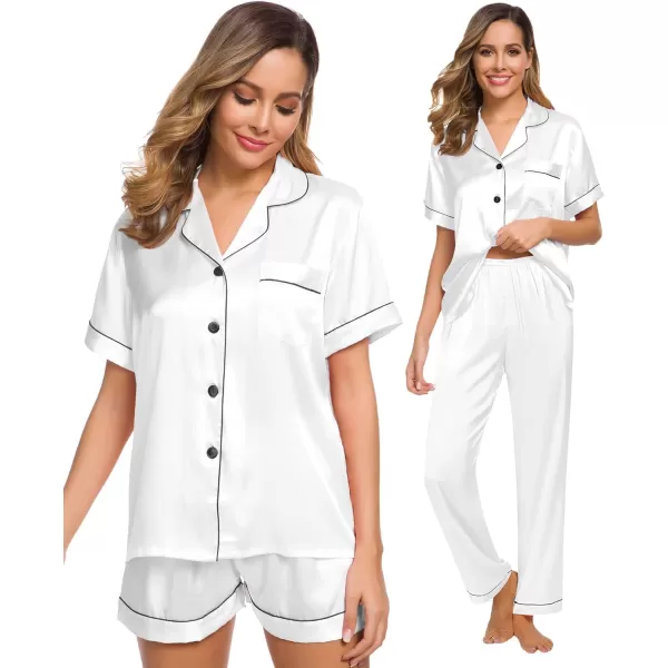 SWOMOG Womens 3pcs Pajamas Set Silk Satin Short Sleeve Sleepwear Button Down Loungewear Pjs NightwearWhite