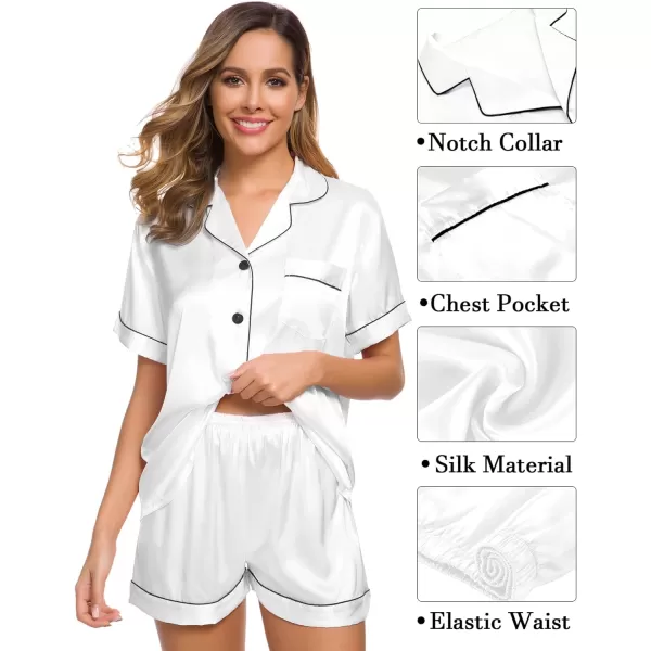 SWOMOG Womens 3pcs Pajamas Set Silk Satin Short Sleeve Sleepwear Button Down Loungewear Pjs NightwearWhite