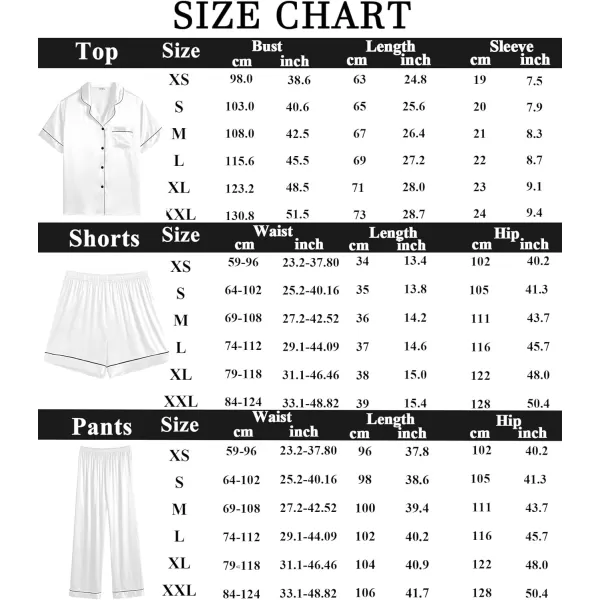 SWOMOG Womens 3pcs Pajamas Set Silk Satin Short Sleeve Sleepwear Button Down Loungewear Pjs NightwearWhite