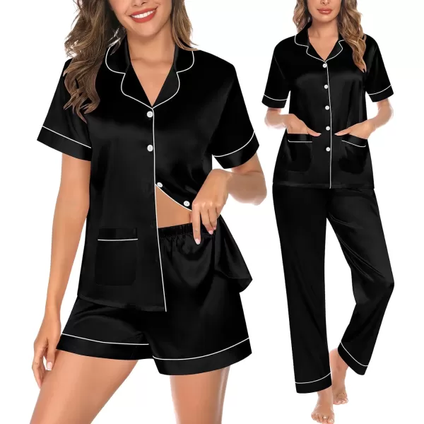 SWOMOG Womens 3pcs Silk Pajama Set Satin Short Sleeve Sleepwear With 2 Pockets Button Down Pjs LoungewearBlack