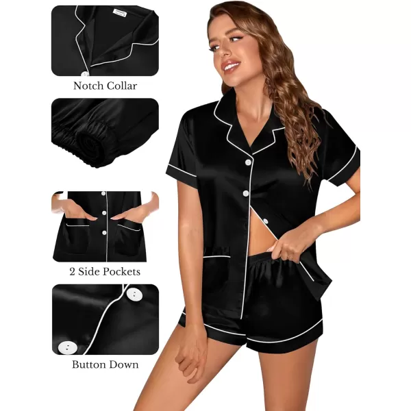 SWOMOG Womens 3pcs Silk Pajama Set Satin Short Sleeve Sleepwear With 2 Pockets Button Down Pjs LoungewearBlack