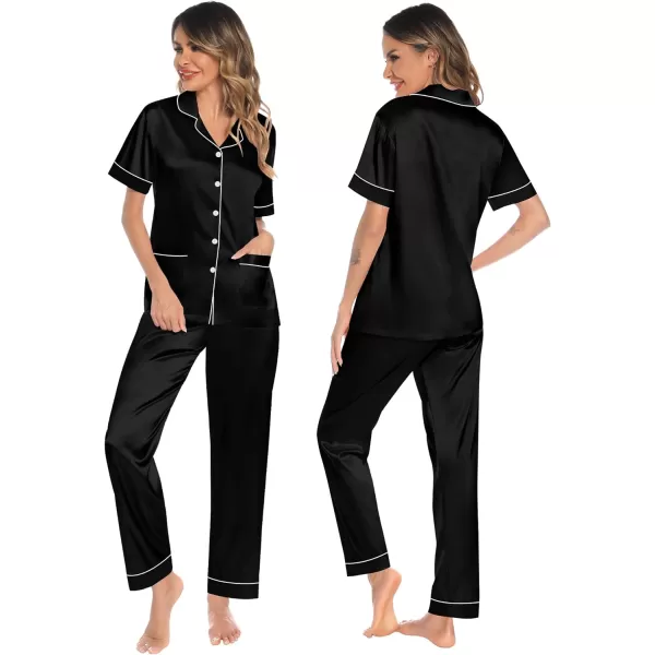 SWOMOG Womens 3pcs Silk Pajama Set Satin Short Sleeve Sleepwear With 2 Pockets Button Down Pjs LoungewearBlack