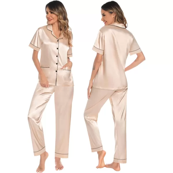 SWOMOG Womens 3pcs Silk Pajama Set Satin Short Sleeve Sleepwear With 2 Pockets Button Down Pjs LoungewearChampagne