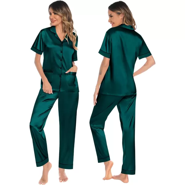 SWOMOG Womens 3pcs Silk Pajama Set Satin Short Sleeve Sleepwear With 2 Pockets Button Down Pjs LoungewearDeep Green