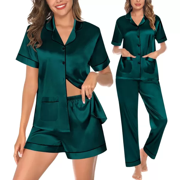 SWOMOG Womens 3pcs Silk Pajama Set Satin Short Sleeve Sleepwear With 2 Pockets Button Down Pjs LoungewearDeep Green