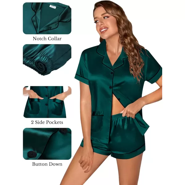 SWOMOG Womens 3pcs Silk Pajama Set Satin Short Sleeve Sleepwear With 2 Pockets Button Down Pjs LoungewearDeep Green