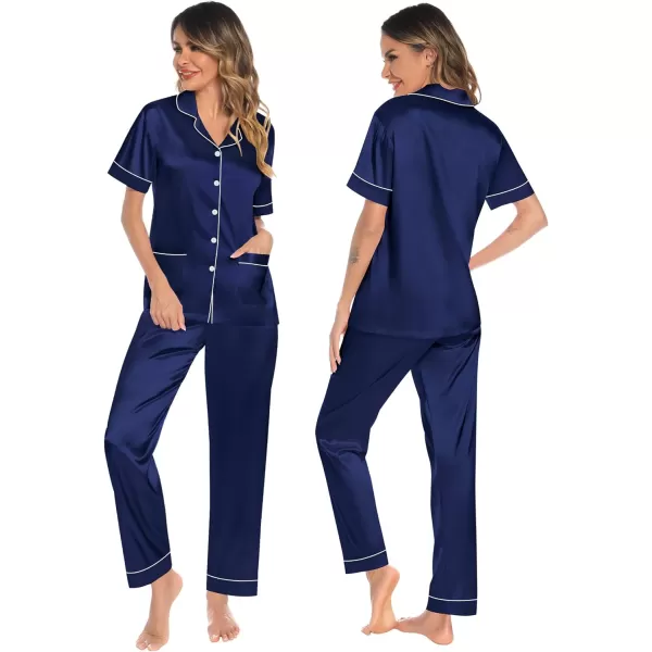 SWOMOG Womens 3pcs Silk Pajama Set Satin Short Sleeve Sleepwear With 2 Pockets Button Down Pjs LoungewearNavy Blue