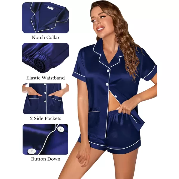 SWOMOG Womens 3pcs Silk Pajama Set Satin Short Sleeve Sleepwear With 2 Pockets Button Down Pjs LoungewearNavy Blue