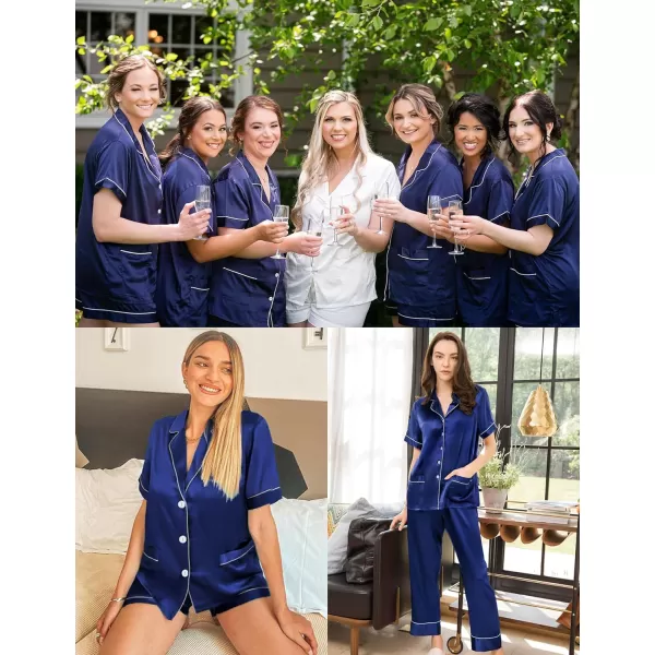 SWOMOG Womens 3pcs Silk Pajama Set Satin Short Sleeve Sleepwear With 2 Pockets Button Down Pjs LoungewearNavy Blue