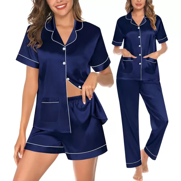 SWOMOG Womens 3pcs Silk Pajama Set Satin Short Sleeve Sleepwear With 2 Pockets Button Down Pjs LoungewearNavy Blue