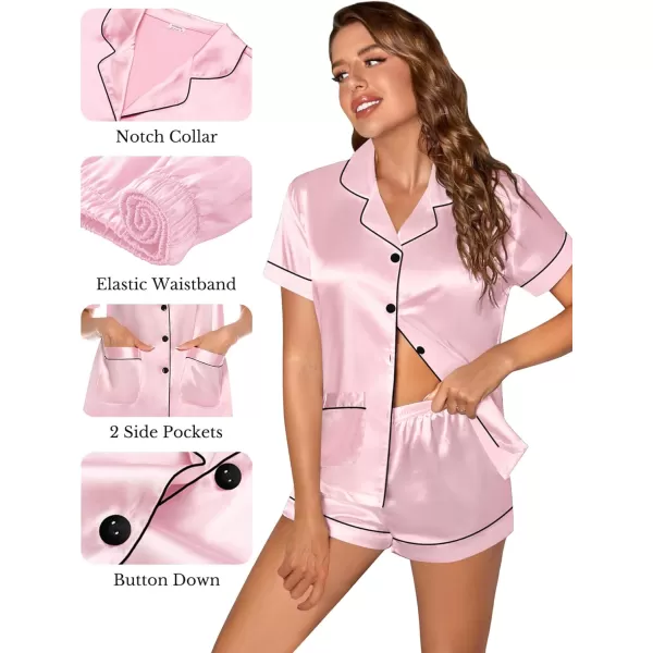 SWOMOG Womens 3pcs Silk Pajama Set Satin Short Sleeve Sleepwear With 2 Pockets Button Down Pjs LoungewearPink