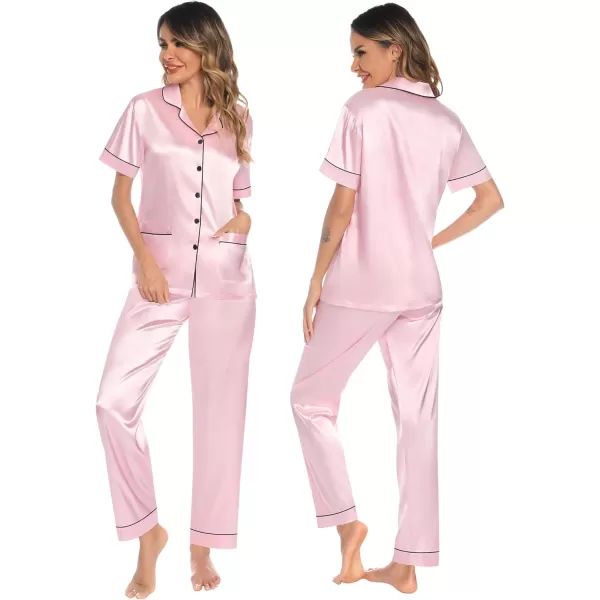 SWOMOG Womens 3pcs Silk Pajama Set Satin Short Sleeve Sleepwear With 2 Pockets Button Down Pjs LoungewearPink