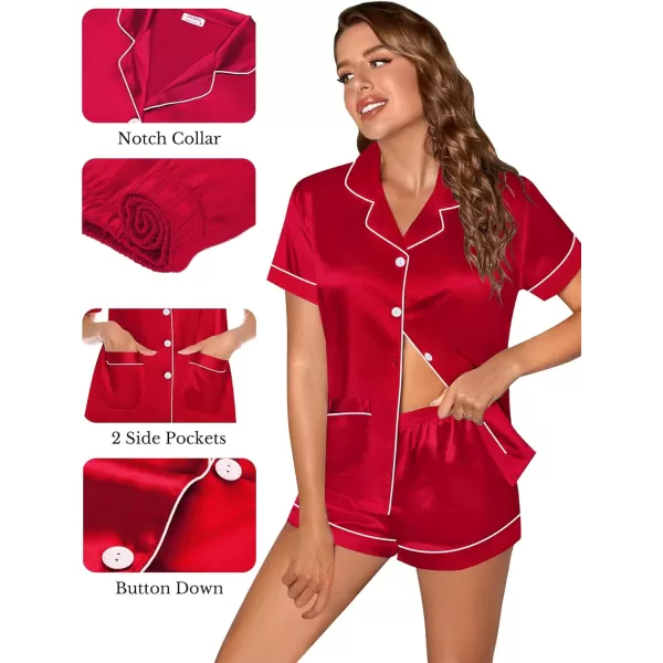 SWOMOG Womens 3pcs Silk Pajama Set Satin Short Sleeve Sleepwear With 2 Pockets Button Down Pjs LoungewearRed