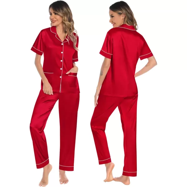 SWOMOG Womens 3pcs Silk Pajama Set Satin Short Sleeve Sleepwear With 2 Pockets Button Down Pjs LoungewearRed