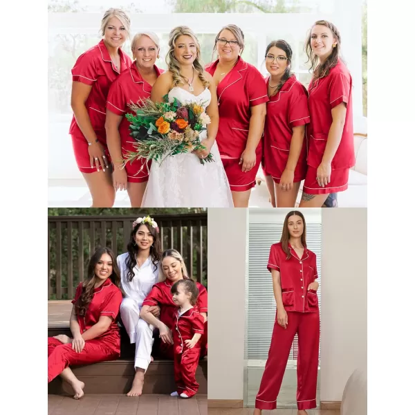 SWOMOG Womens 3pcs Silk Pajama Set Satin Short Sleeve Sleepwear With 2 Pockets Button Down Pjs LoungewearRed