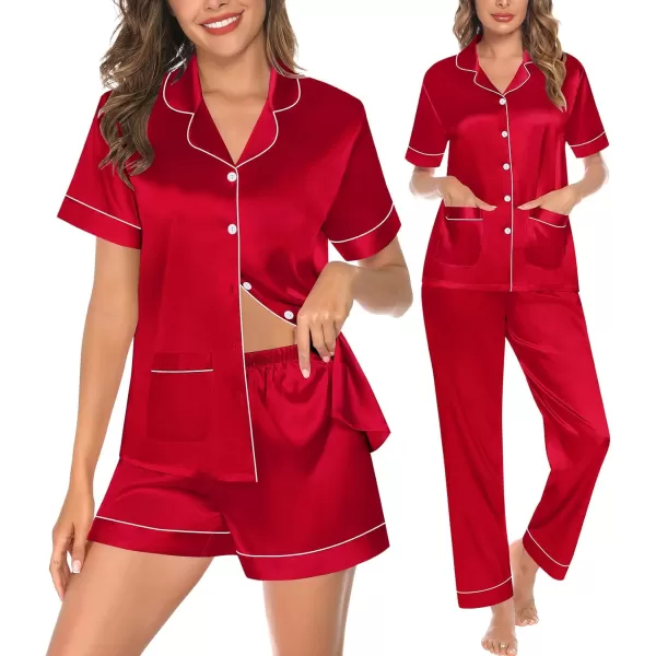 SWOMOG Womens 3pcs Silk Pajama Set Satin Short Sleeve Sleepwear With 2 Pockets Button Down Pjs LoungewearRed