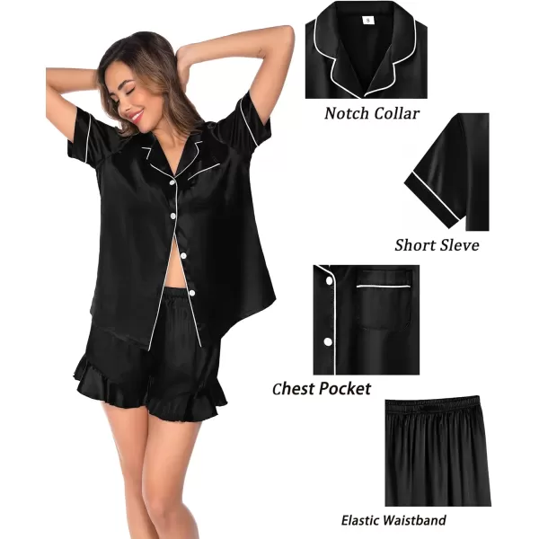 SWOMOG Womens 4 Piece Pajamas Satin Silk Shirts Cami Tops With Ruffle Shorts Long Pj Pants Soft Sleepwear Summer LoungewearBlack