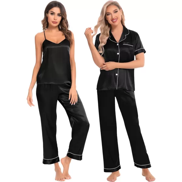 SWOMOG Womens 4 Piece Pajamas Satin Silk Shirts Cami Tops With Ruffle Shorts Long Pj Pants Soft Sleepwear Summer LoungewearBlack