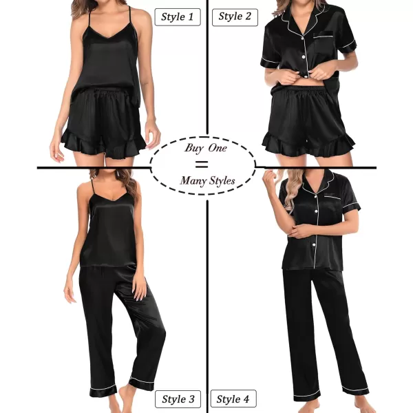 SWOMOG Womens 4 Piece Pajamas Satin Silk Shirts Cami Tops With Ruffle Shorts Long Pj Pants Soft Sleepwear Summer LoungewearBlack