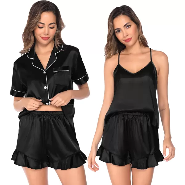 SWOMOG Womens 4 Piece Pajamas Satin Silk Shirts Cami Tops With Ruffle Shorts Long Pj Pants Soft Sleepwear Summer LoungewearBlack