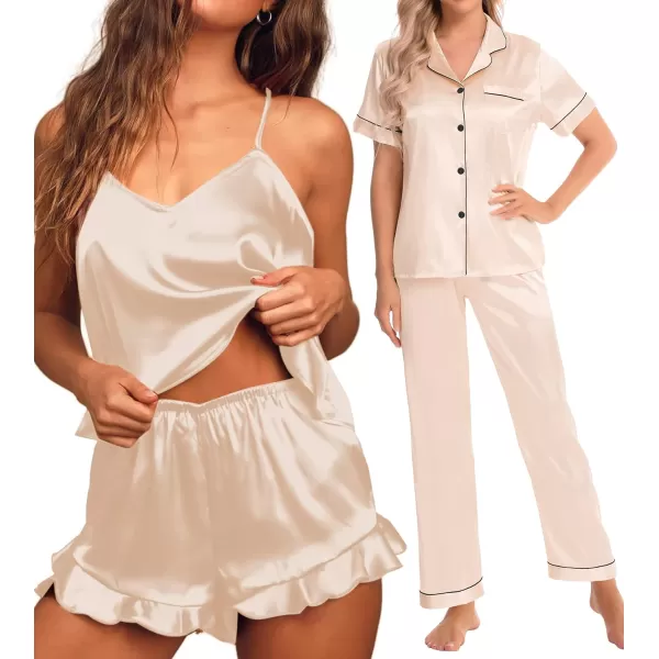 SWOMOG Womens 4 Piece Pajamas Satin Silk Shirts Cami Tops With Ruffle Shorts Long Pj Pants Soft Sleepwear Summer LoungewearChampagne