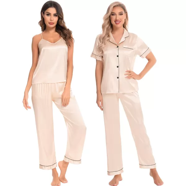 SWOMOG Womens 4 Piece Pajamas Satin Silk Shirts Cami Tops With Ruffle Shorts Long Pj Pants Soft Sleepwear Summer LoungewearChampagne