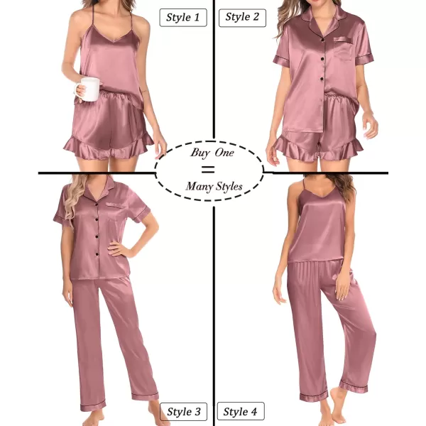 SWOMOG Womens 4 Piece Pajamas Satin Silk Shirts Cami Tops With Ruffle Shorts Long Pj Pants Soft Sleepwear Summer LoungewearMisty Rose