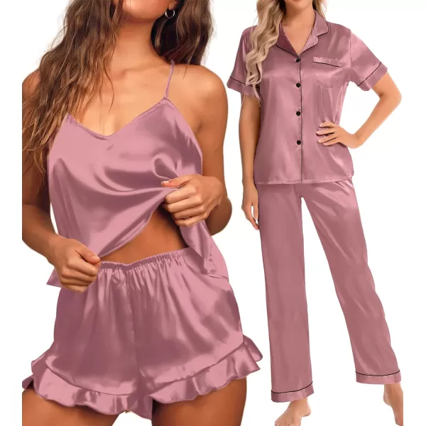 SWOMOG Womens 4 Piece Pajamas Satin Silk Shirts Cami Tops With Ruffle Shorts Long Pj Pants Soft Sleepwear Summer LoungewearMisty Rose