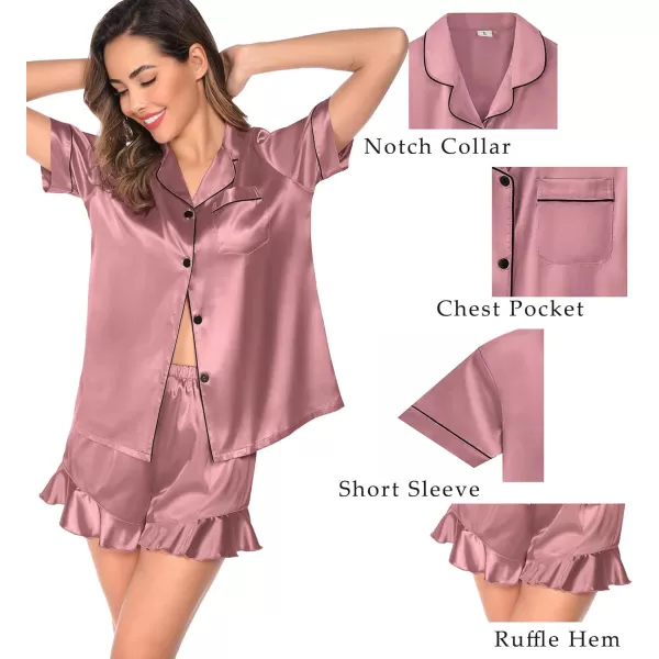 SWOMOG Womens 4 Piece Pajamas Satin Silk Shirts Cami Tops With Ruffle Shorts Long Pj Pants Soft Sleepwear Summer LoungewearMisty Rose