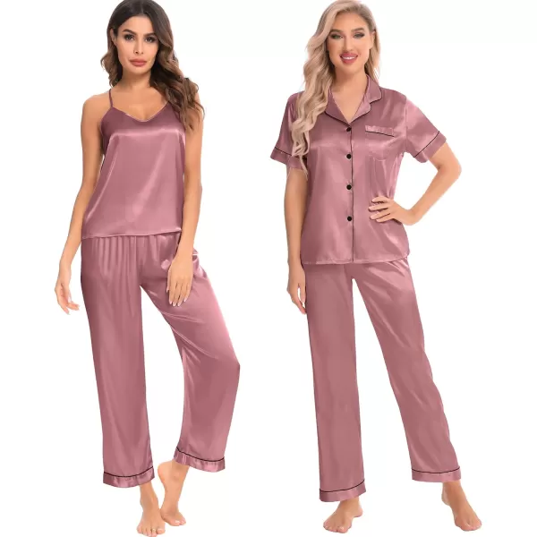 SWOMOG Womens 4 Piece Pajamas Satin Silk Shirts Cami Tops With Ruffle Shorts Long Pj Pants Soft Sleepwear Summer LoungewearMisty Rose