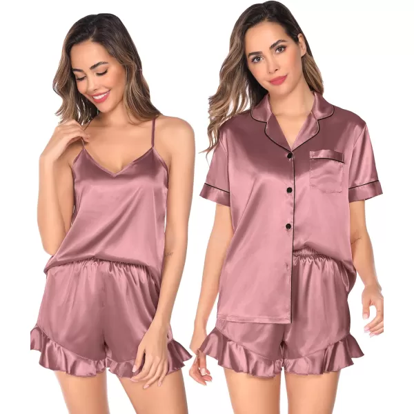 SWOMOG Womens 4 Piece Pajamas Satin Silk Shirts Cami Tops With Ruffle Shorts Long Pj Pants Soft Sleepwear Summer LoungewearMisty Rose