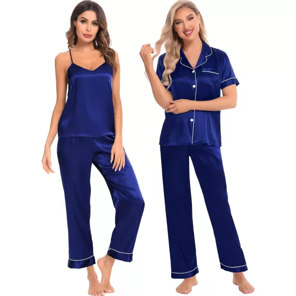 SWOMOG Womens 4 Piece Pajamas Satin Silk Shirts Cami Tops With Ruffle Shorts Long Pj Pants Soft Sleepwear Summer LoungewearNavy Blue