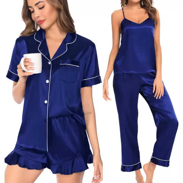 SWOMOG Womens 4 Piece Pajamas Satin Silk Shirts Cami Tops With Ruffle Shorts Long Pj Pants Soft Sleepwear Summer LoungewearNavy Blue