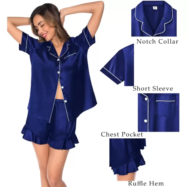 SWOMOG Womens 4 Piece Pajamas Satin Silk Shirts Cami Tops With Ruffle Shorts Long Pj Pants Soft Sleepwear Summer LoungewearNavy Blue