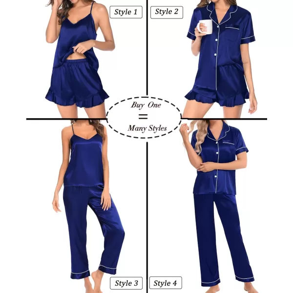 SWOMOG Womens 4 Piece Pajamas Satin Silk Shirts Cami Tops With Ruffle Shorts Long Pj Pants Soft Sleepwear Summer LoungewearNavy Blue